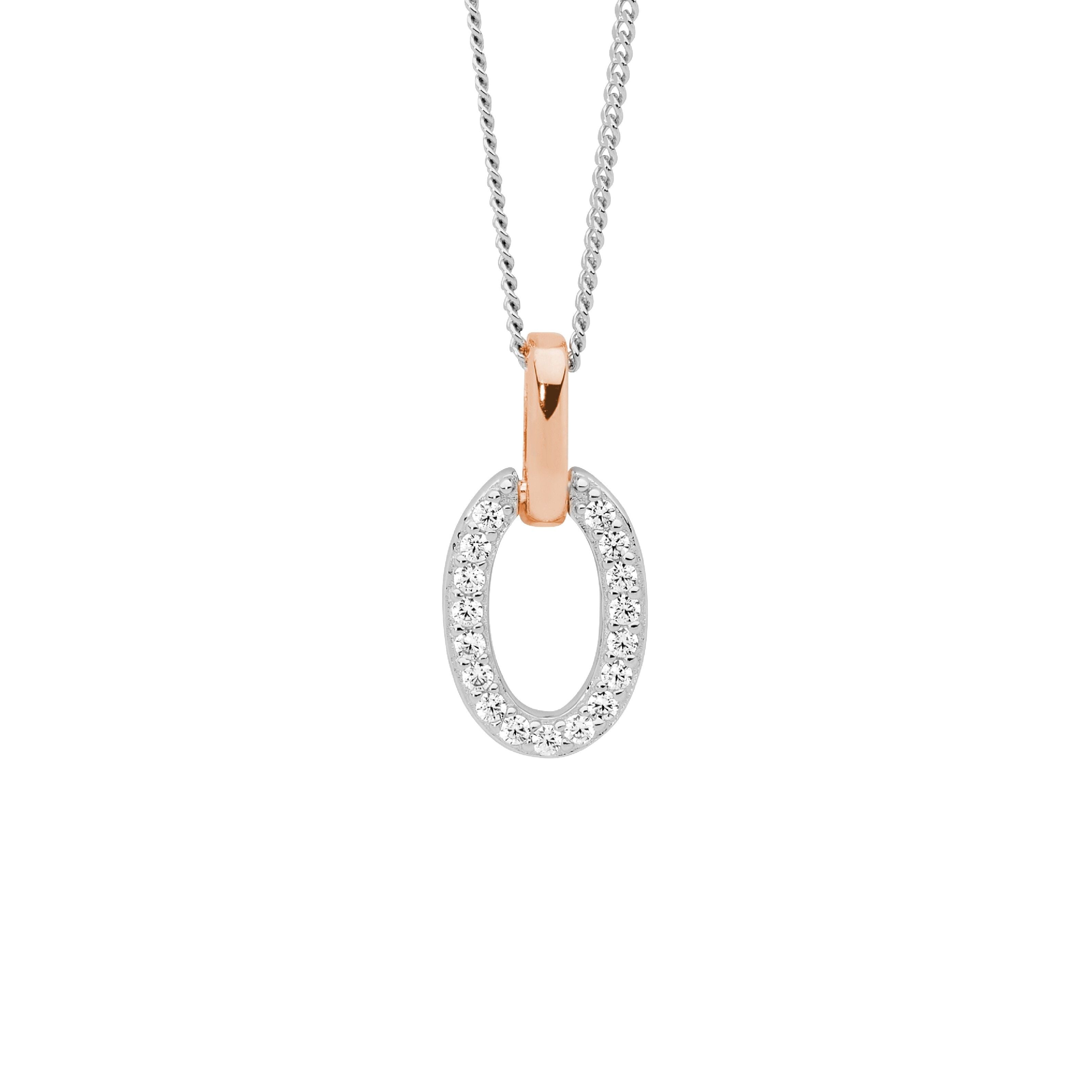 ELLANI Silver CZ Oval Necklet with Rose Gold Plating Feature