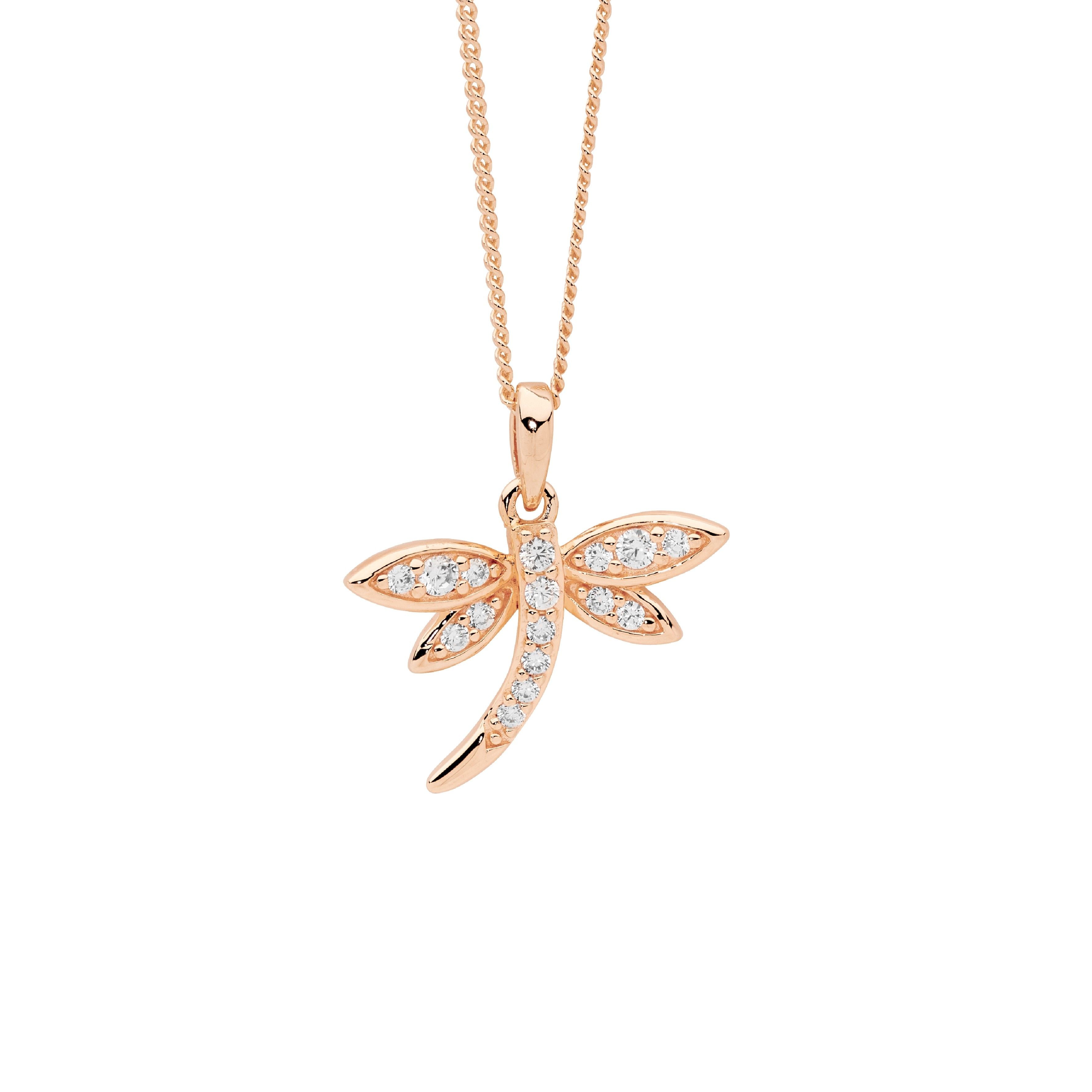 ELLANI Silver CZ Dragonfly Necklet with Rose Gold Plating
