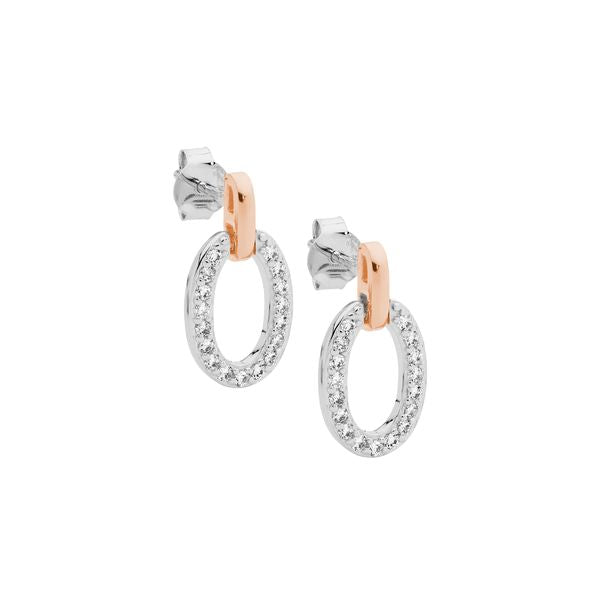 ELLANI Silver Open Oval CZ Studs with Rose Gold Plating