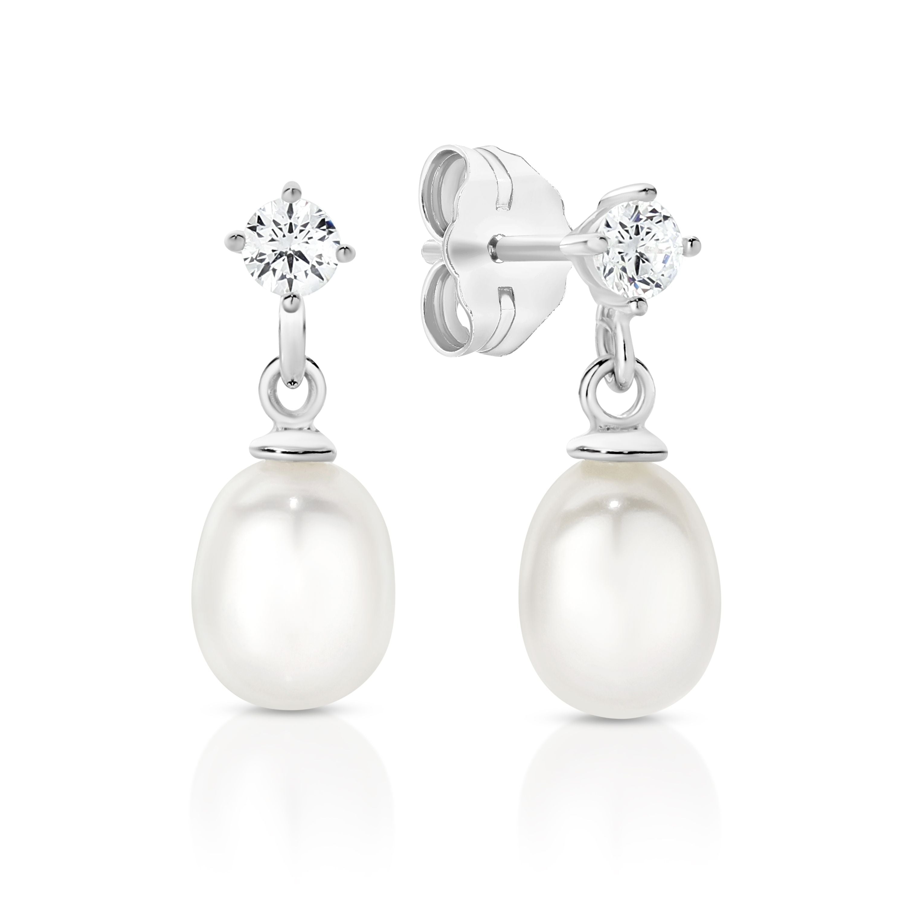 Silver Freshwater Pearl and CZ Earrings