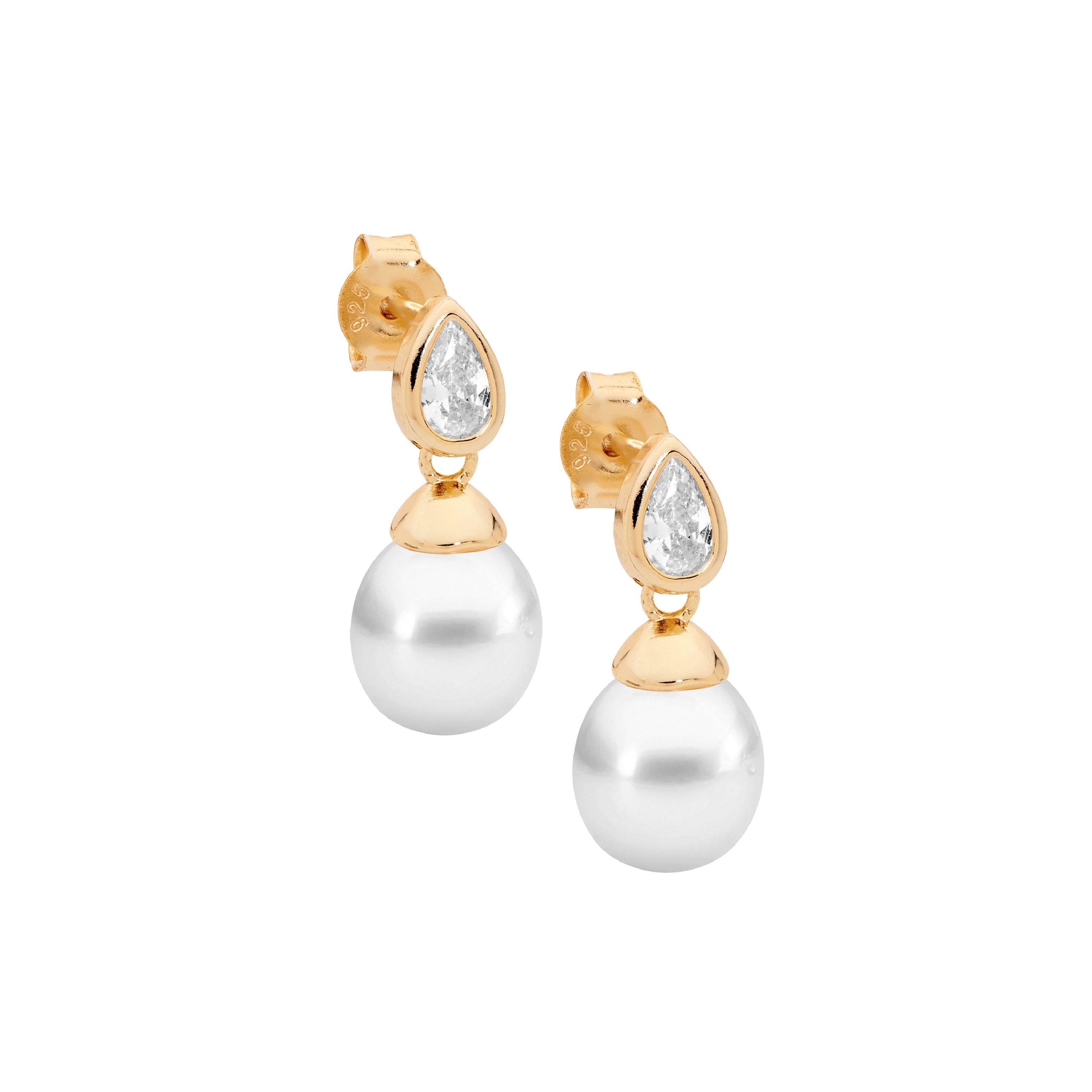 Ellani Freshwater Pearl and CZ Earrings in Gold Plating