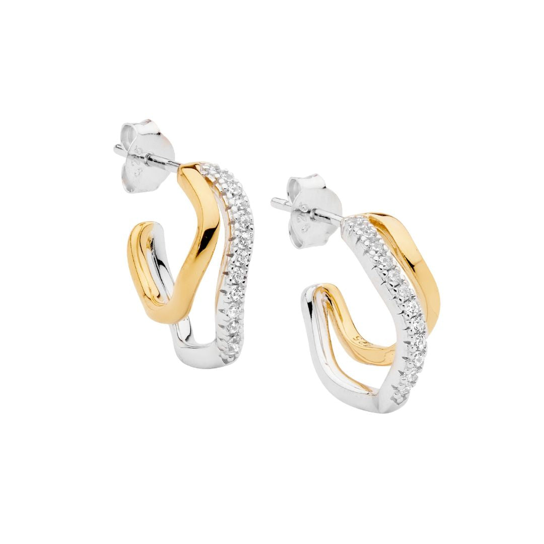 ELLANI Silver Wave Hoops with CZ & Gold Plating