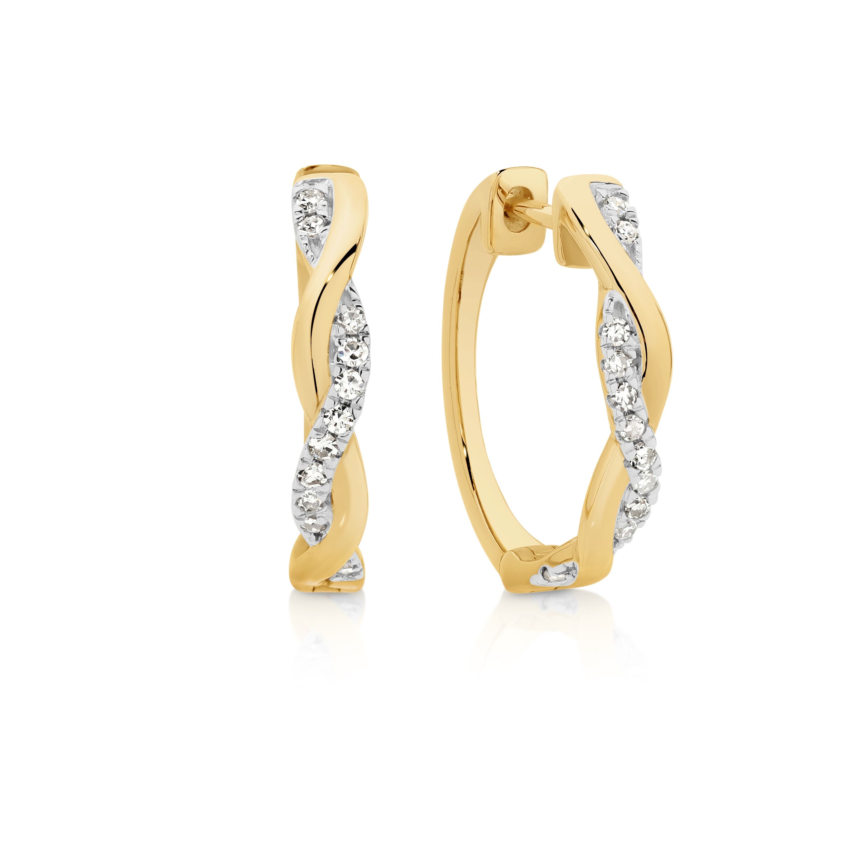 9ct Yellow Gold 0.10ct Diamond Twist Huggies