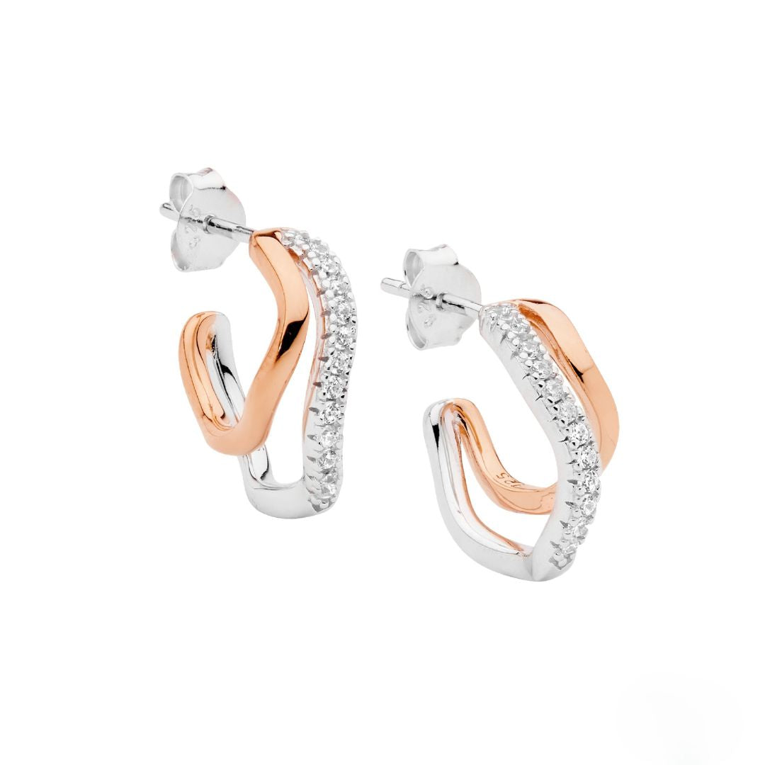 ELLANI Silver Wave Hoops with CZ & Rose Gold Plating