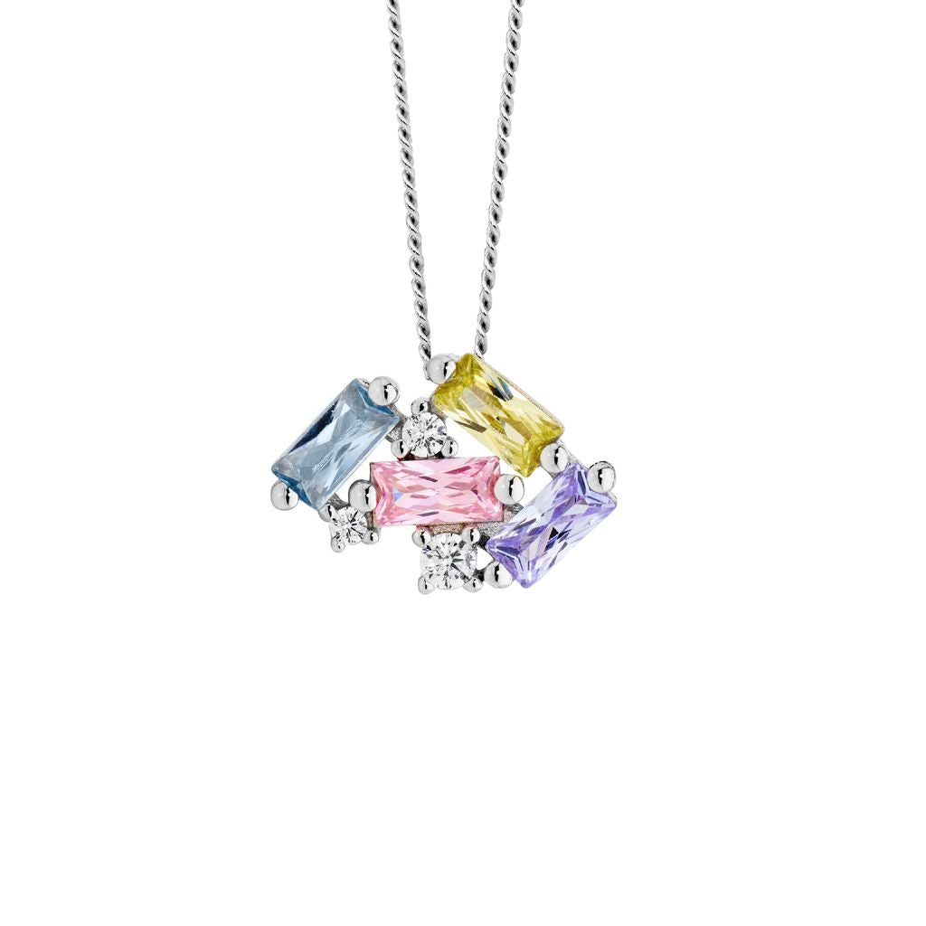 ELLANI Sterling Silver Pastel Coloured Staggered CZ Necklet