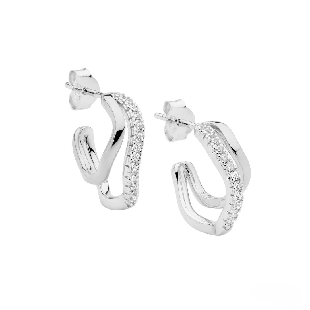 ELLANI Silver Wave Hoops with CZ