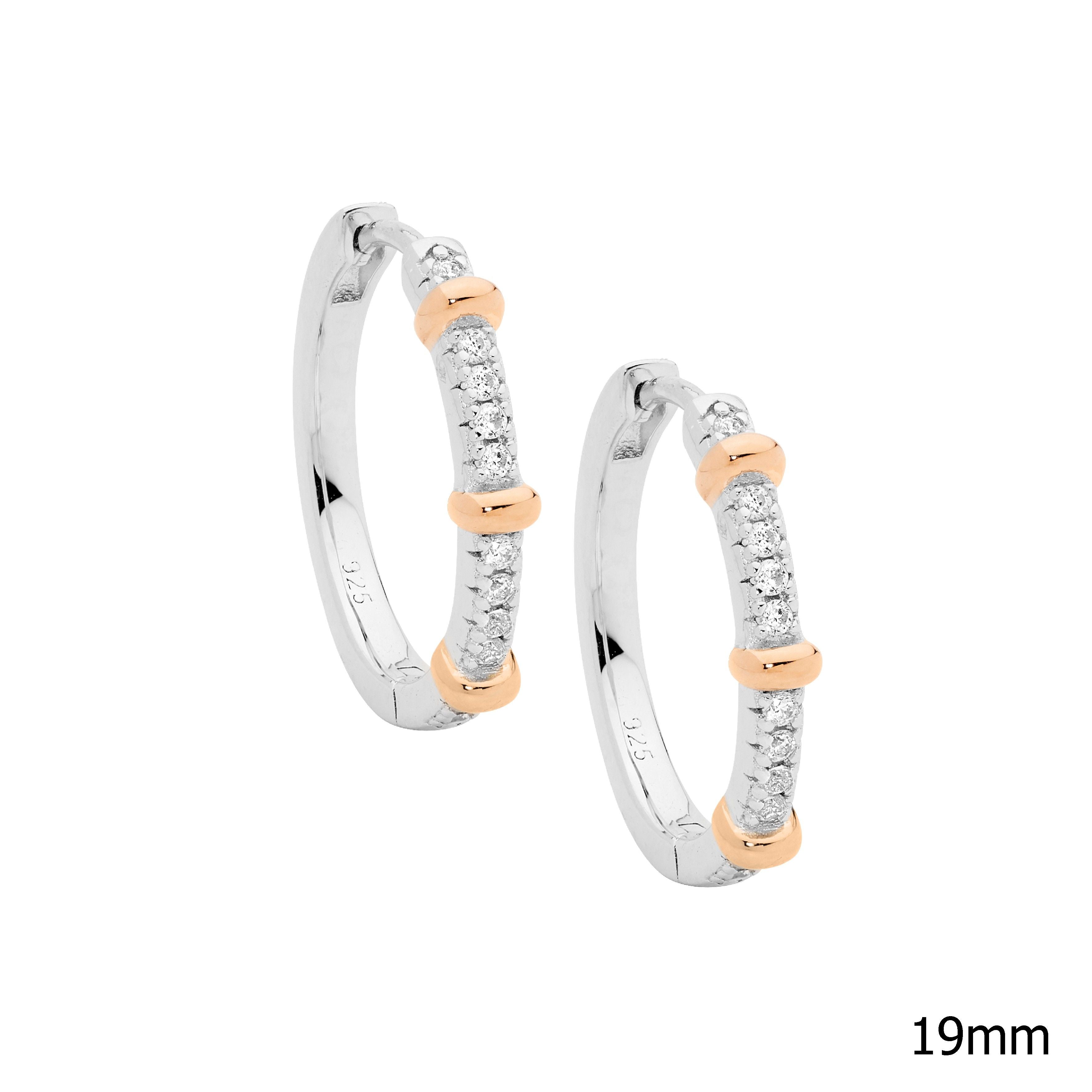 ELLANI Silver CZ Huggies with Rose Gold Plating Detail