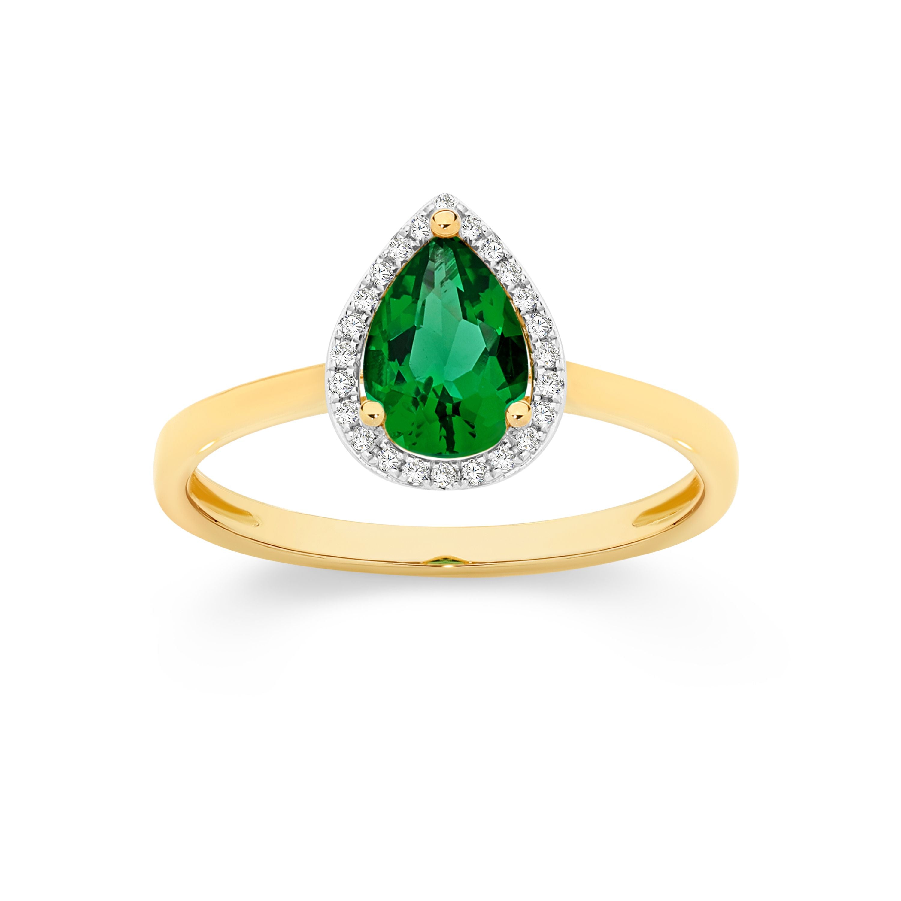 9ct Yellow Gold Cr Emerald and Diamond Pear Cut Halo Ring