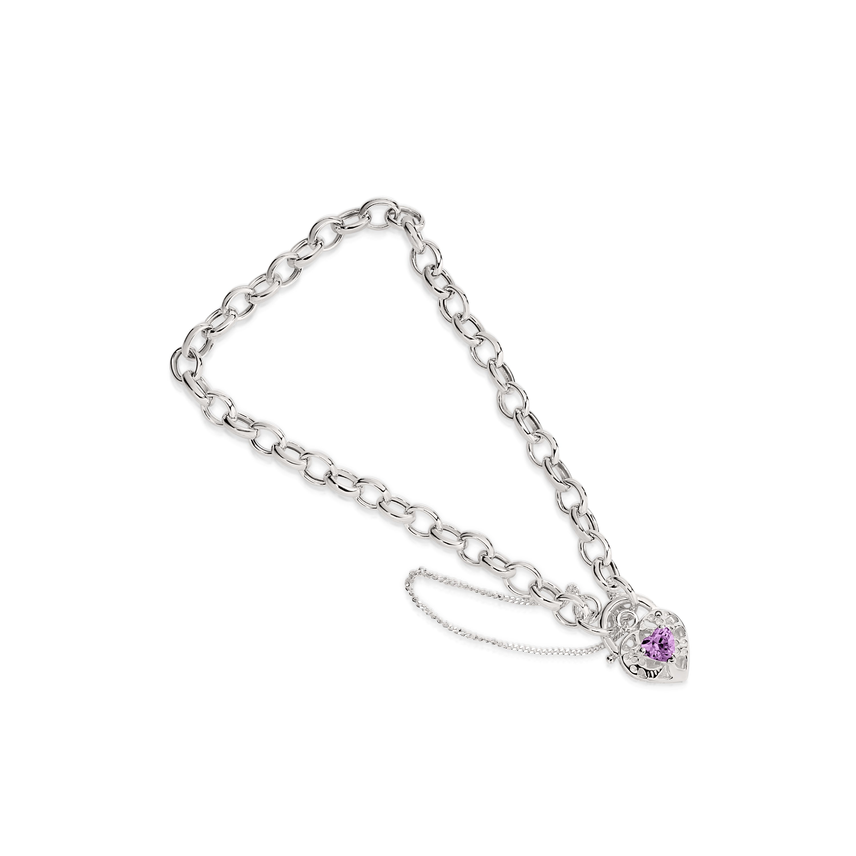 Silver purple cubic zirconia padlock bracelet