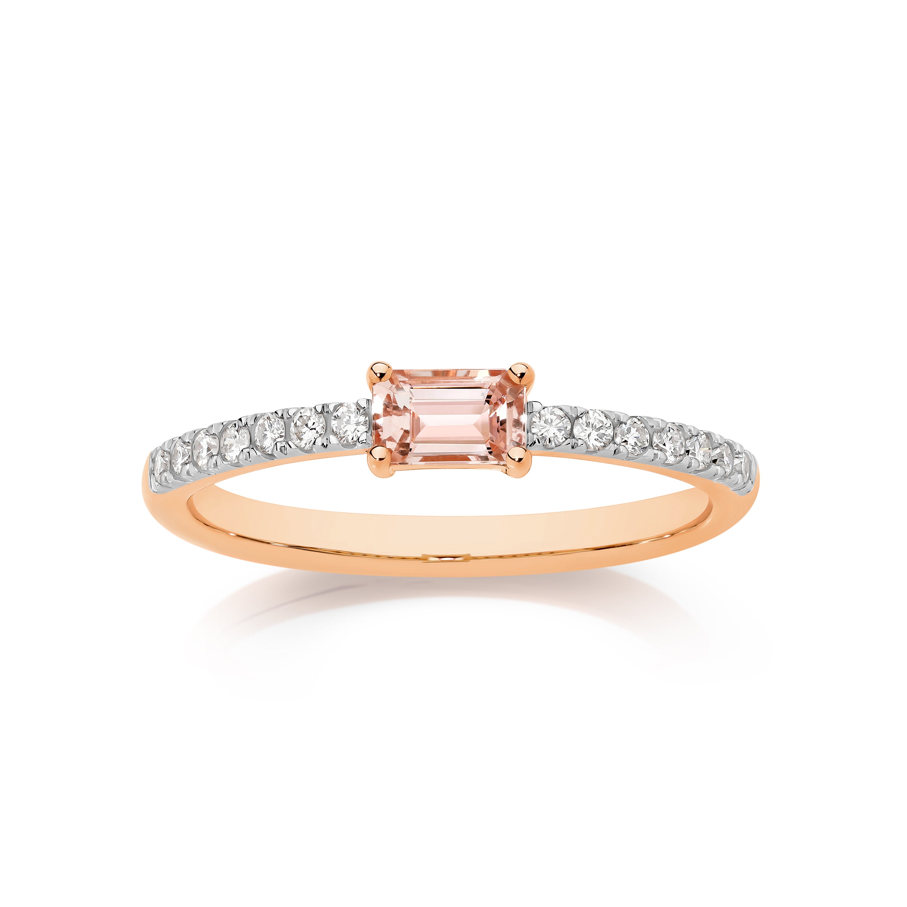 9ct Rose Gold Emerald Cut Morganite and Diamond Ring