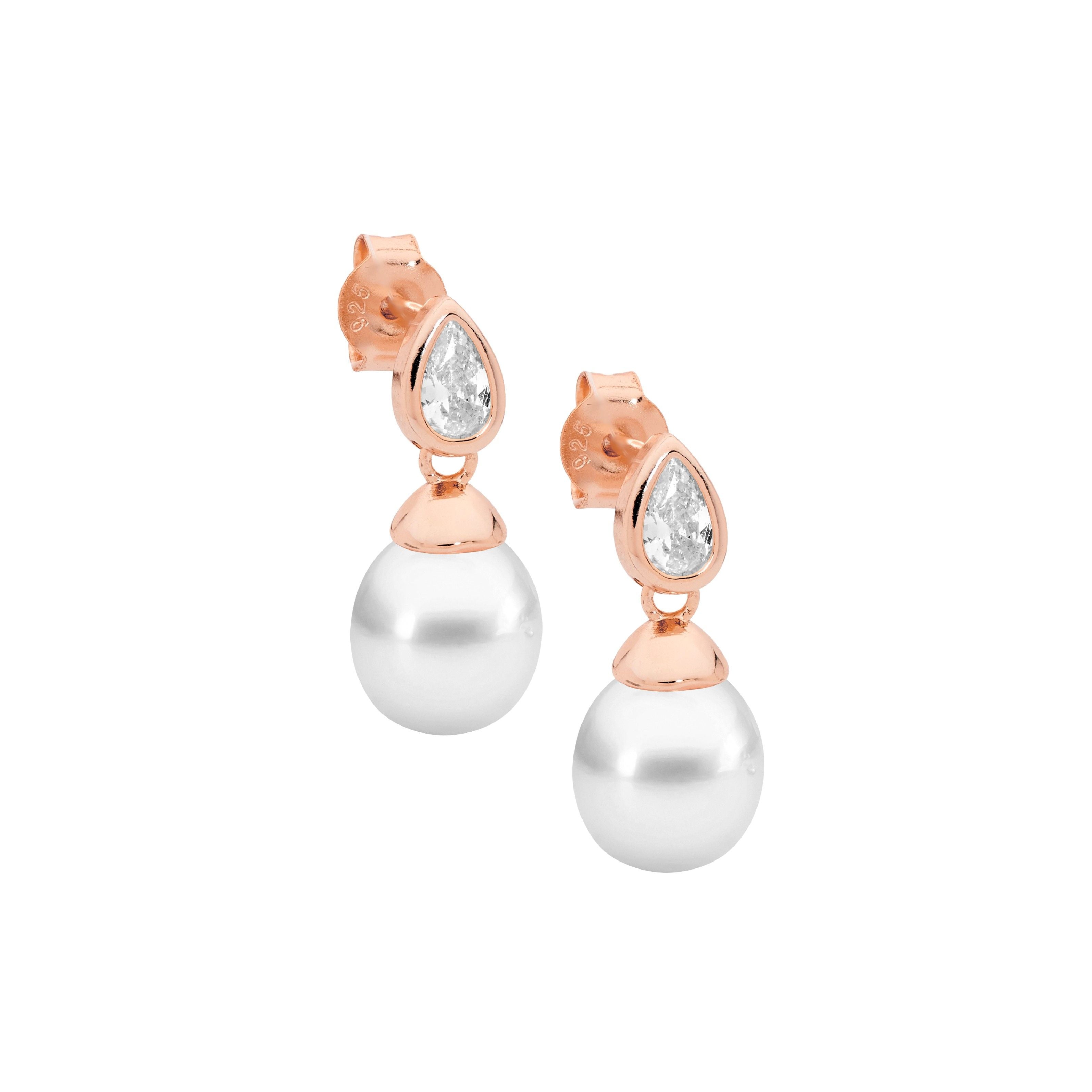 Ellani Freshwater Pearl and CZ Earrings in Rose Plating