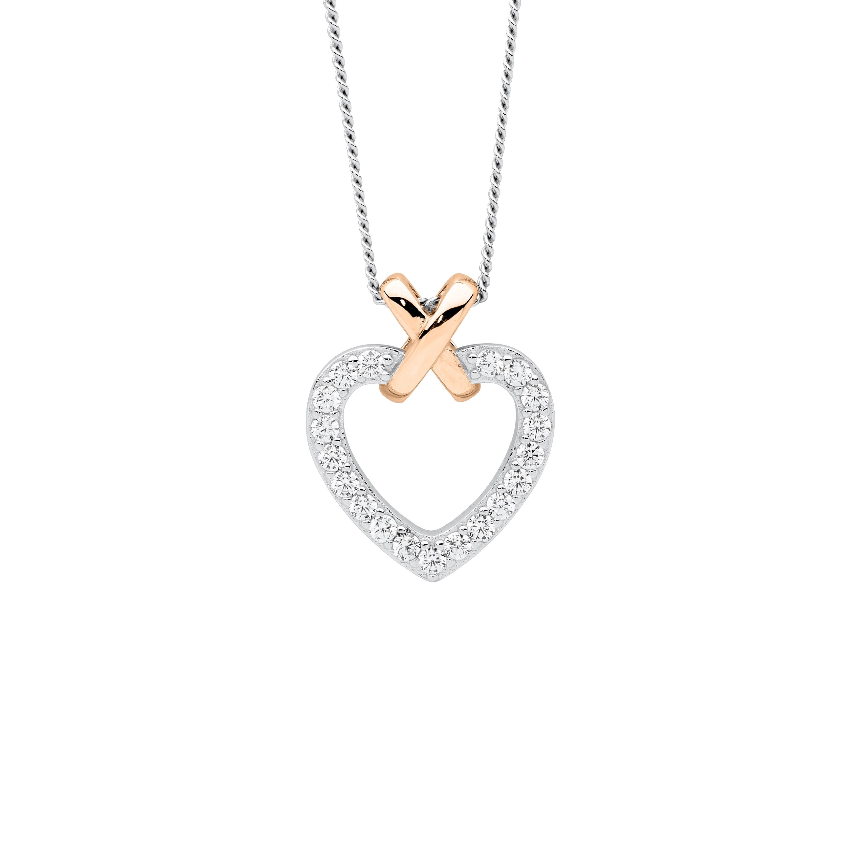 ELLANI Silver Two Tone CZ Heart Necklet