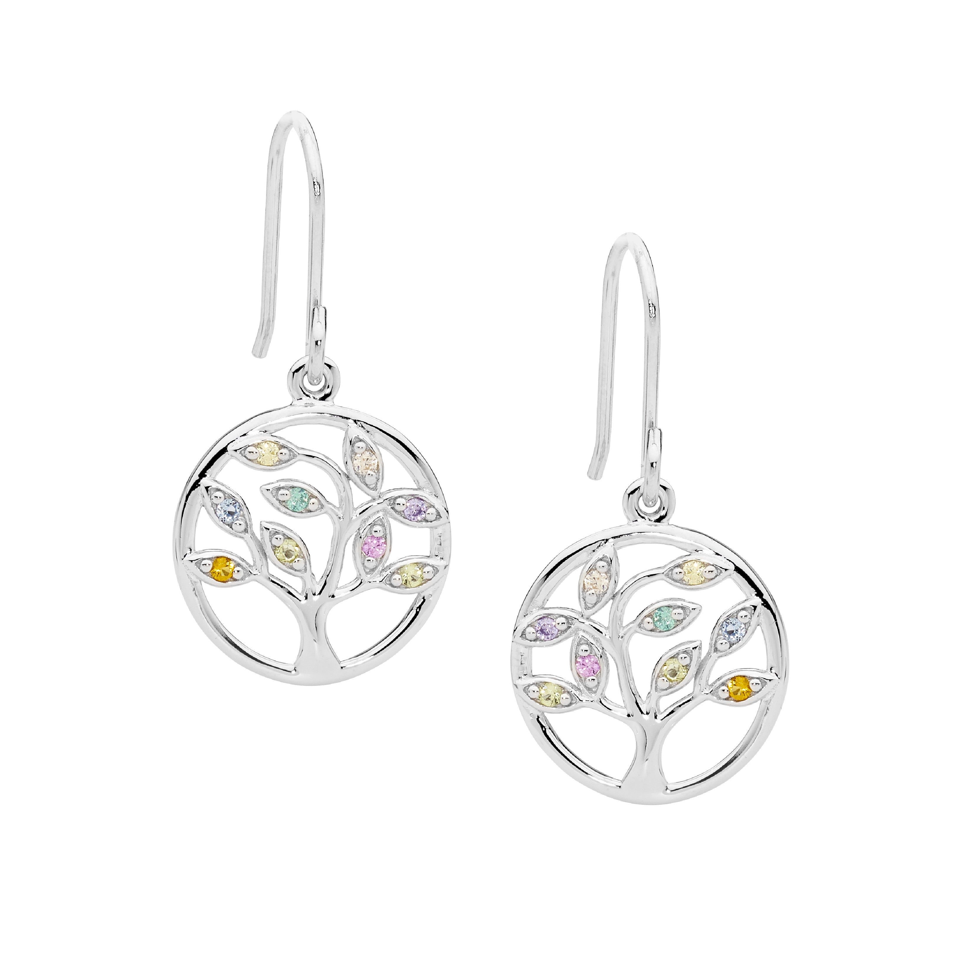 ELLANI Silver Multicolour CZ Tree of Life Earrings
