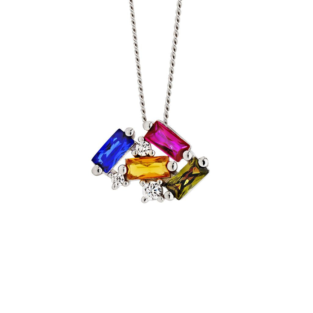 ELLANI Silver Multi-Coloured Staggered CZ Necklet