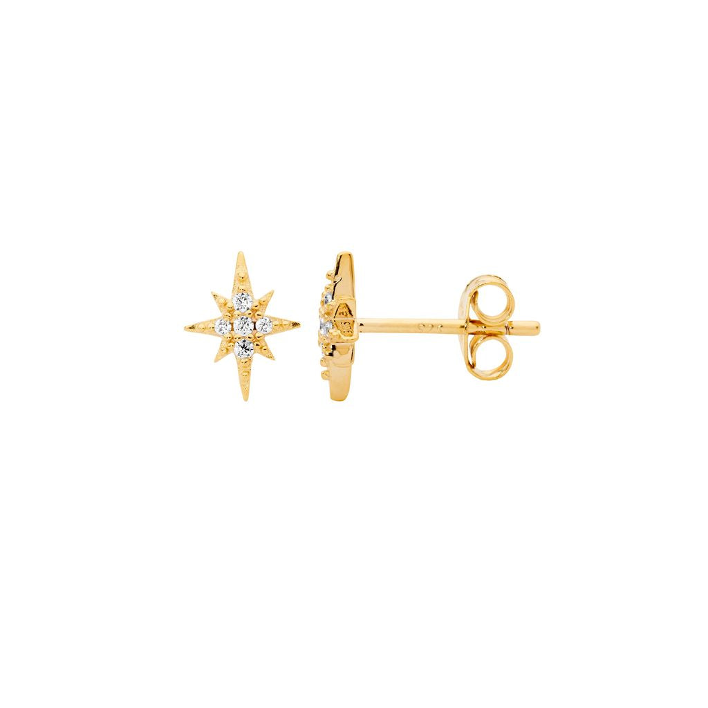 ELLANI Silver CZ Star Studs with Gold Plating