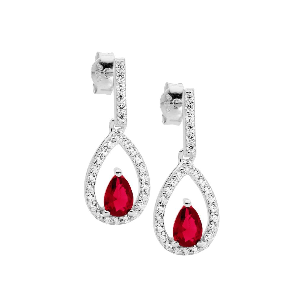 ELLANI Silver CZ Red Drop Earrings
