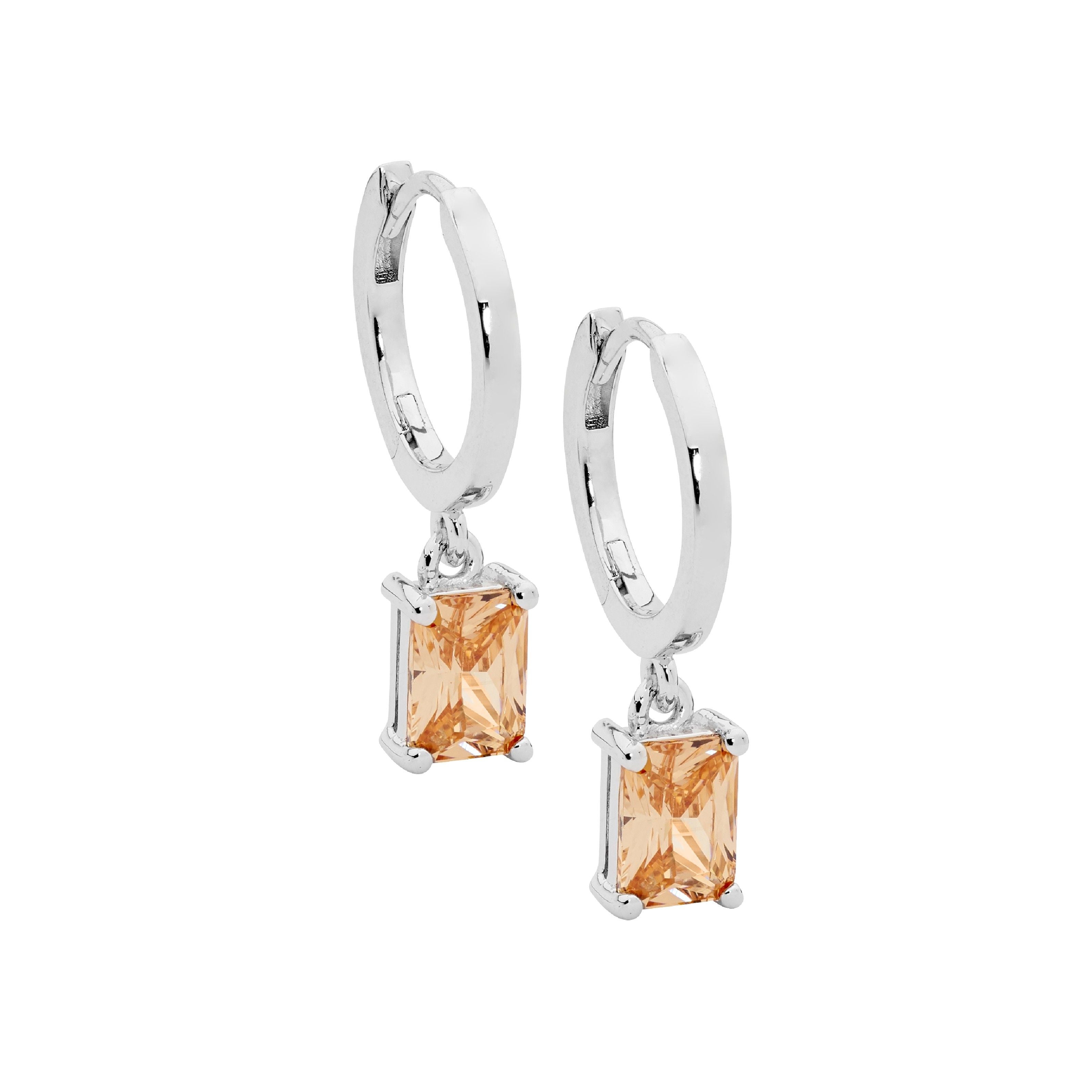 ELLANI Silver Earrings with Orange CZ Drop