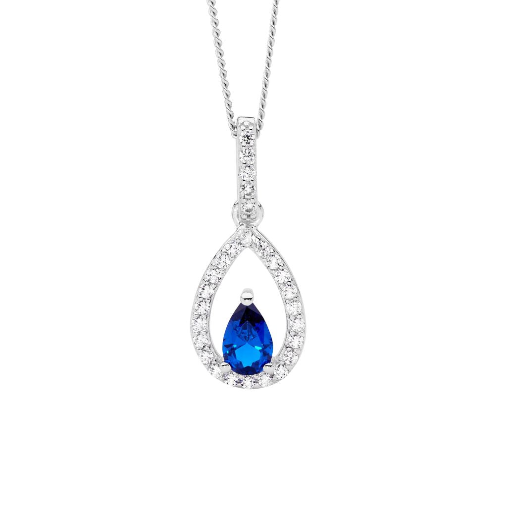 ELLANI Silver Pear Shape Dark Blue CZ Necklet
