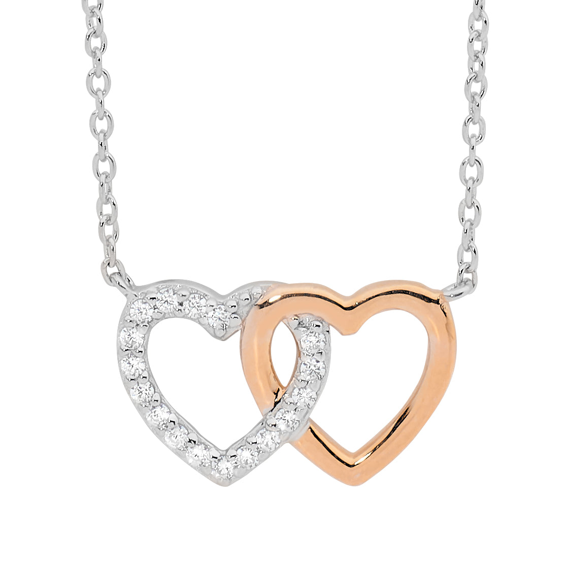 ELLANI Silver Plated CZ Double Linked Heart Necklace