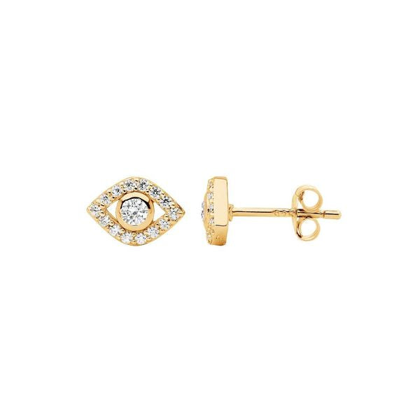 Ellani CZ Evil Eye Studs in Gold Plating
