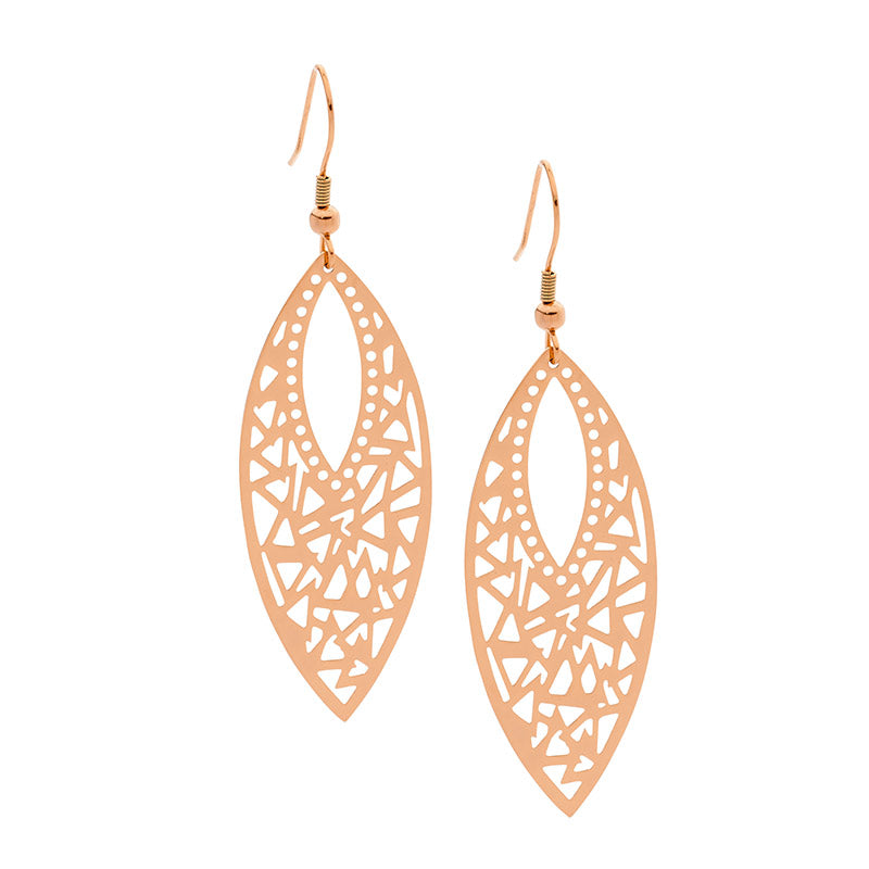 ELLANI Stainless Steel Filigree Leaf Drop Earrings with Rose Gold Plating