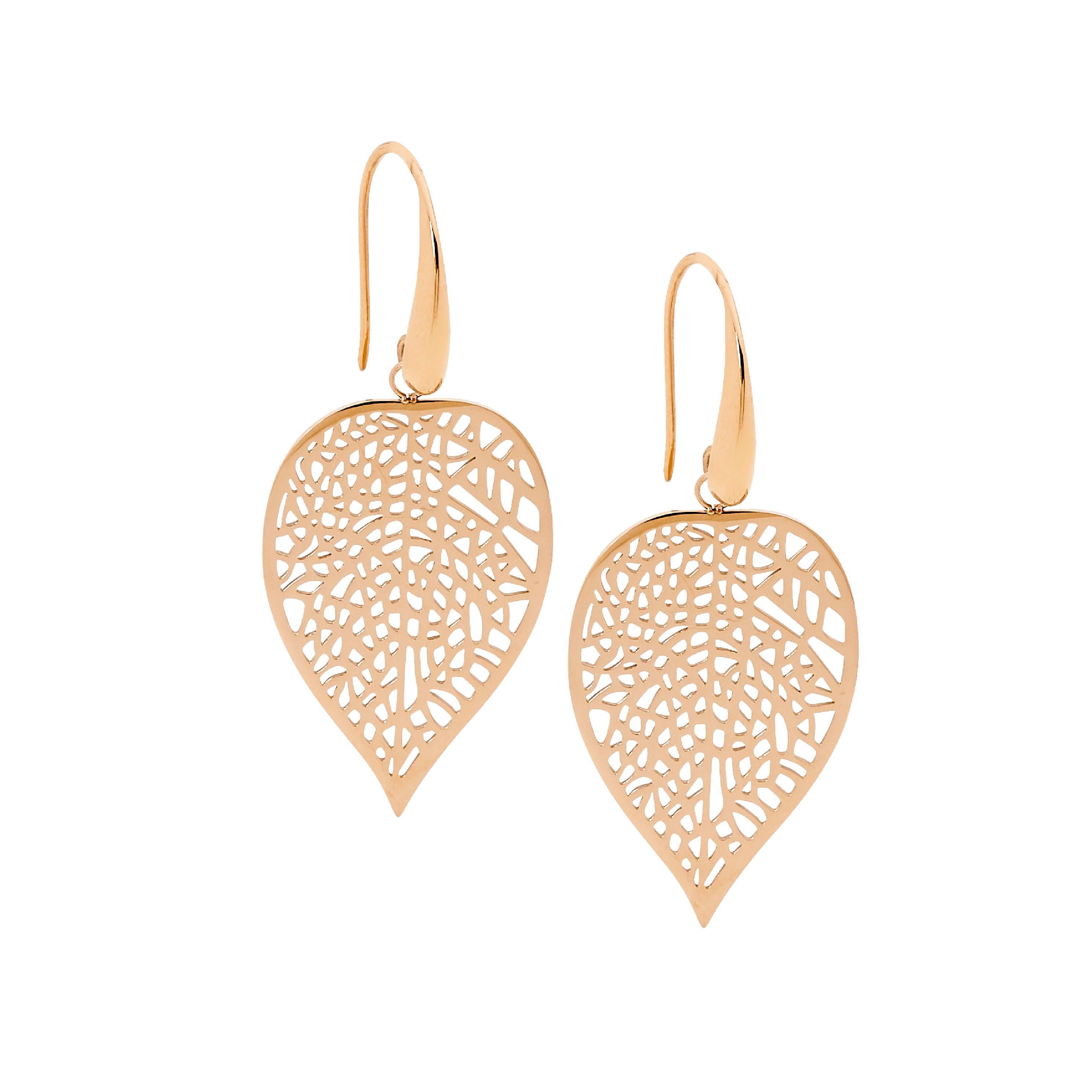 ELLANI Stainless Steel Leaf Drop Earrings with Rose Gold Plating