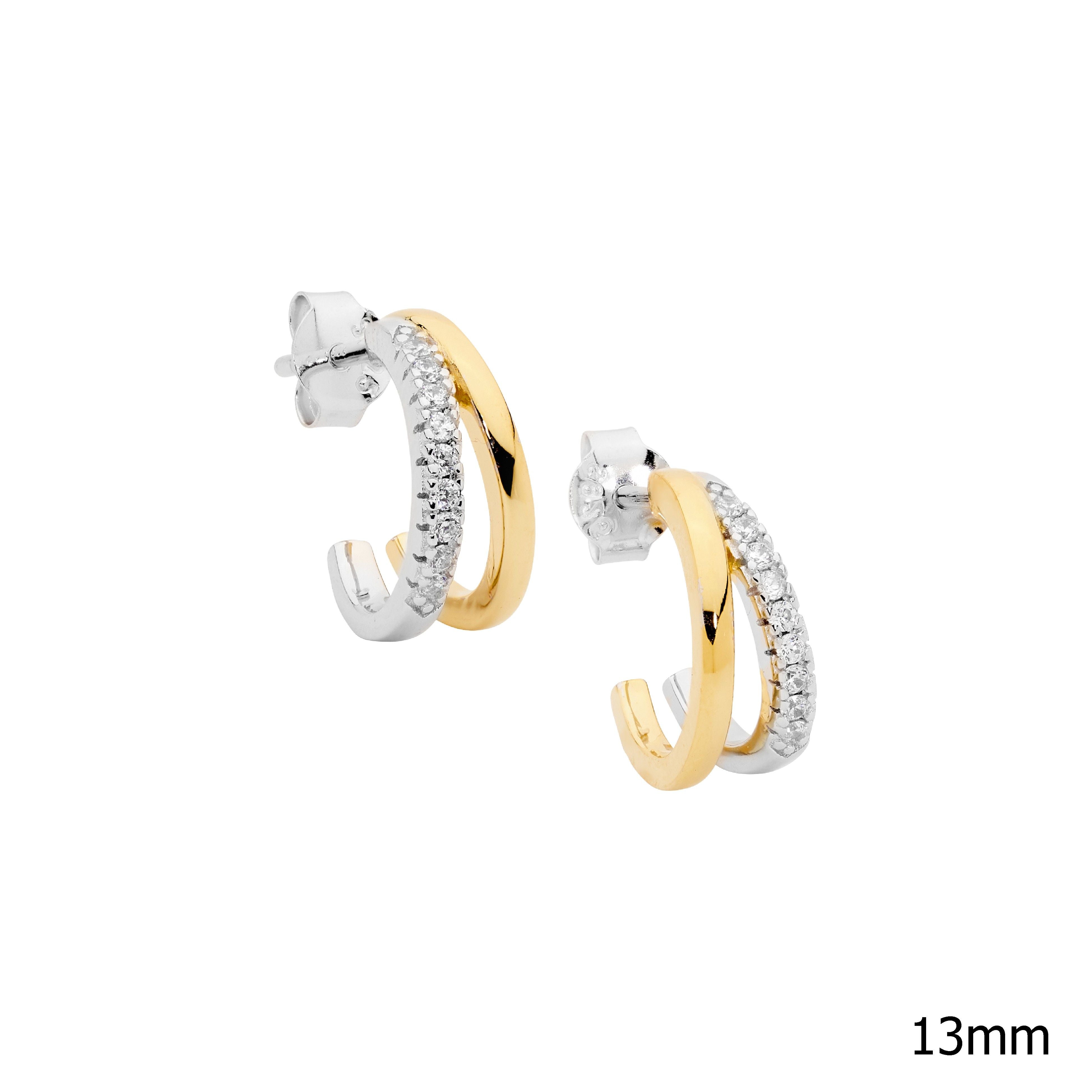 ELLANI Silver CZ Split Hoop Studs with Gold Plating