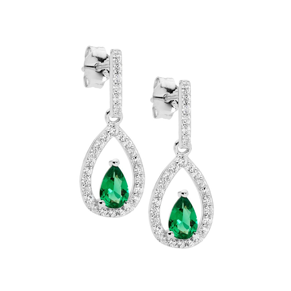 ELLANI Silver CZ Green Drop Earrings