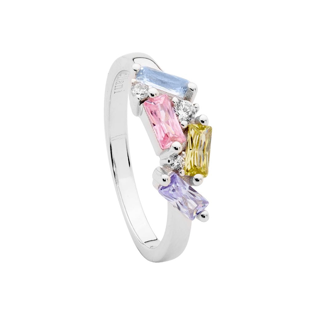 ELLANI Silver Pastel Coloured Staggered CZ Ring