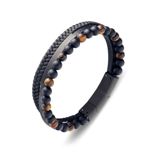 Plaited Black Leather Beaded Bracelet