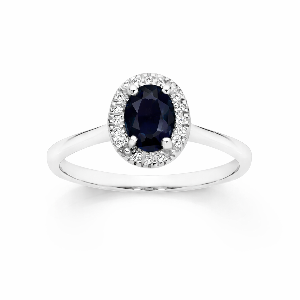 9ct white gold sapphire and diamond halo ring