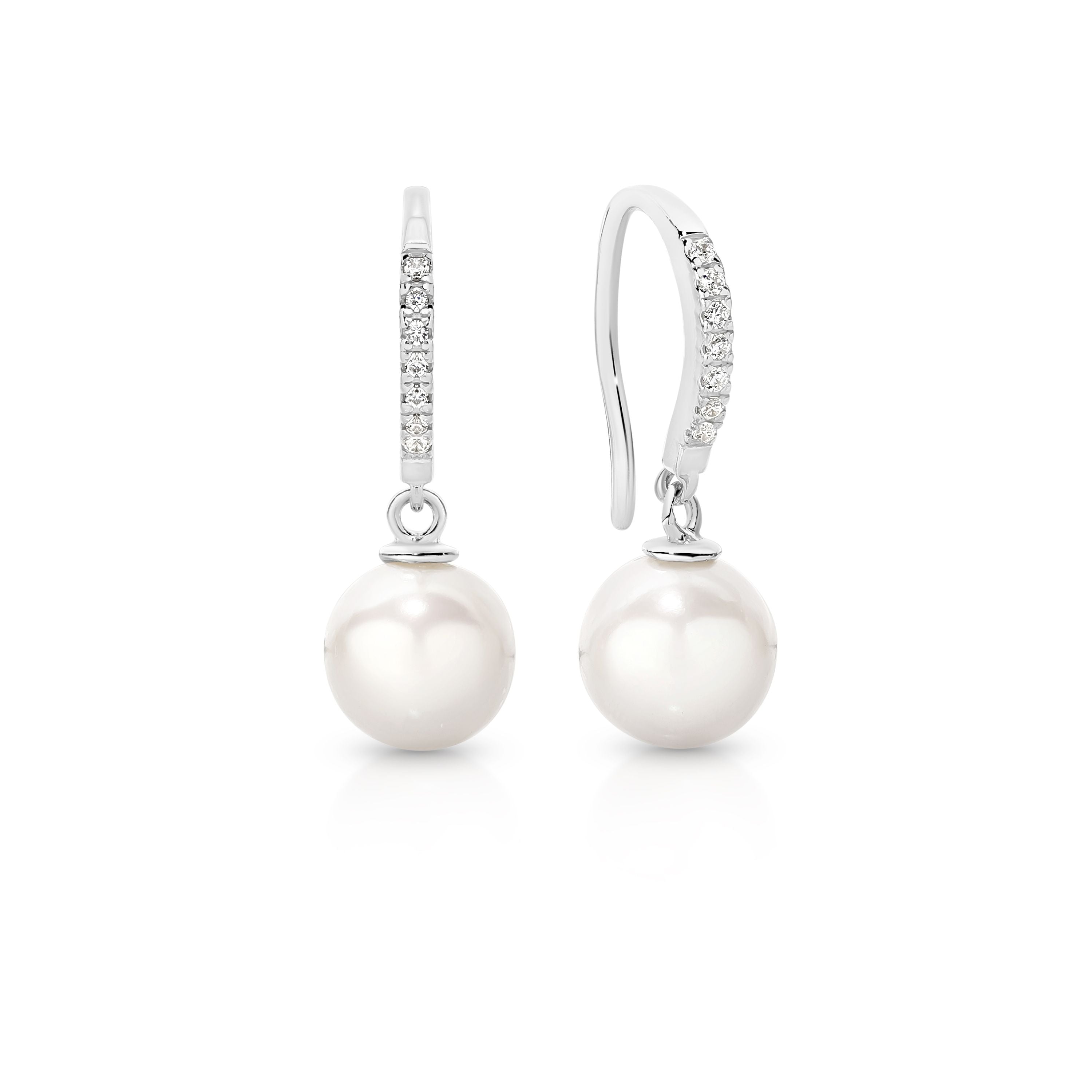 Silver Freshwater Pearl and CZ Drop Earrings