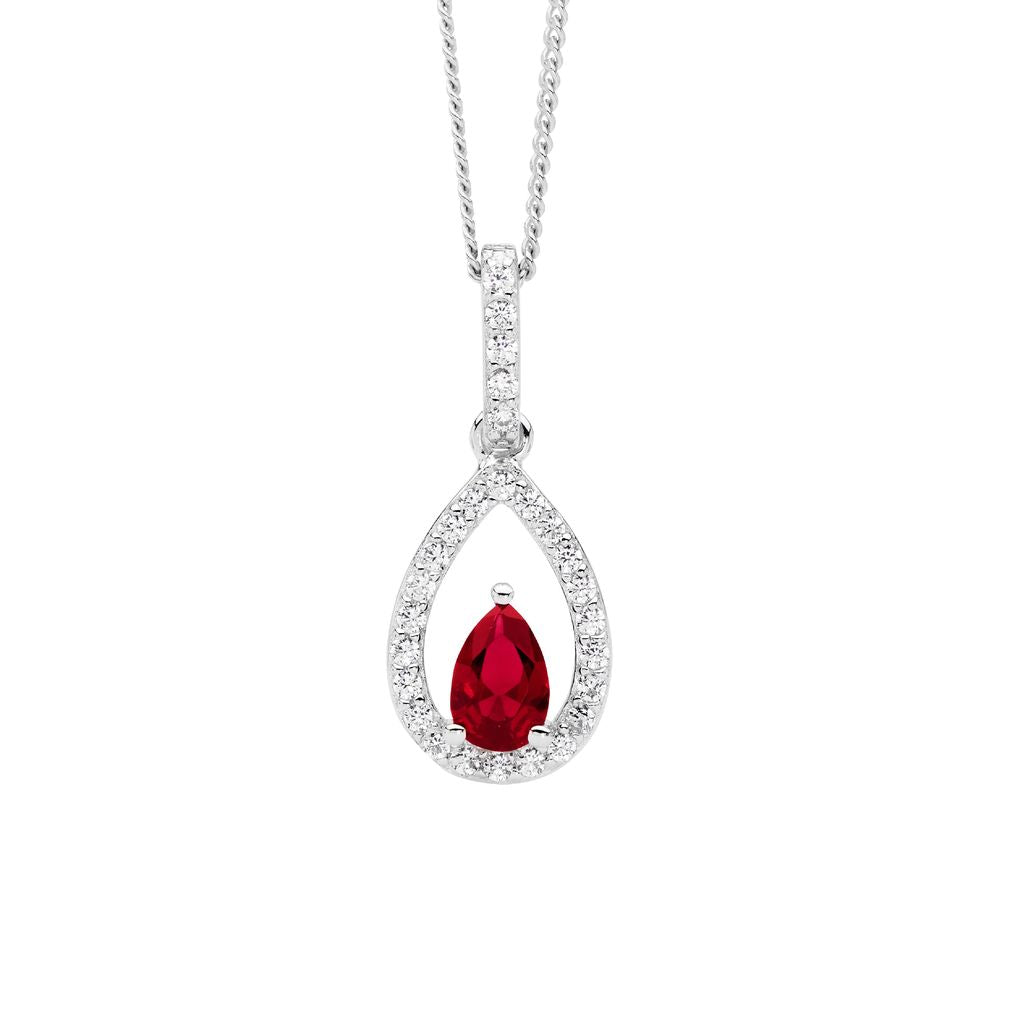 ELLANI Silver Pear Shape Red CZ Necklet