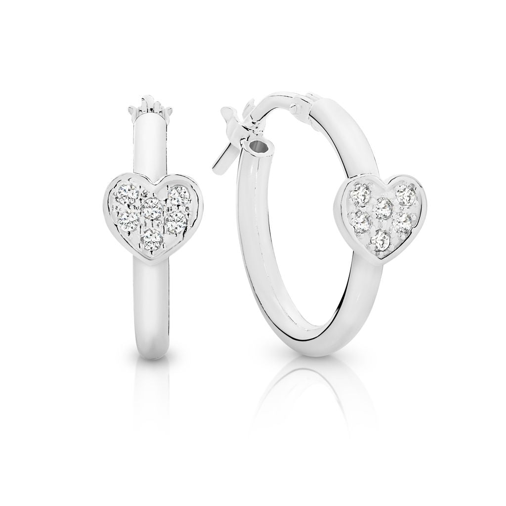 Silver polished hoops with CZ heart