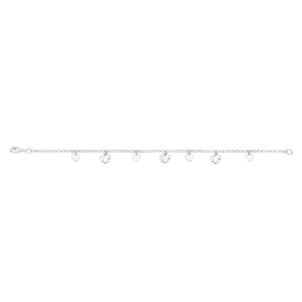 Silver belcher bracelet with hammered and polished disc drops
