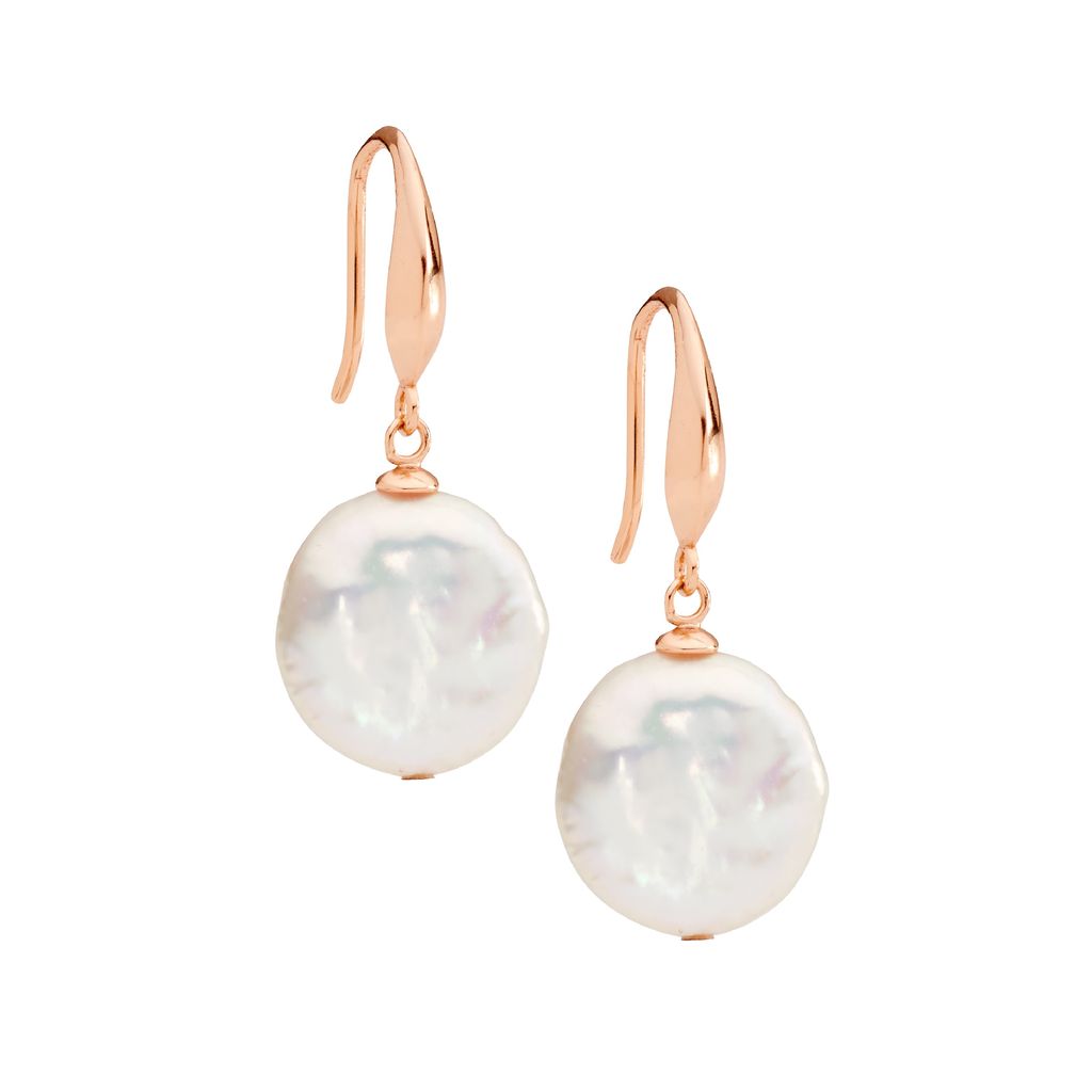 ELLANI Silver Freshwater Coin Pearl Earrings with Rose Gold Plating