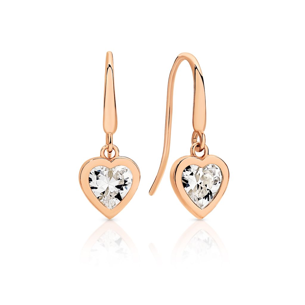 9ct rose gold bezel heart CZ earrings