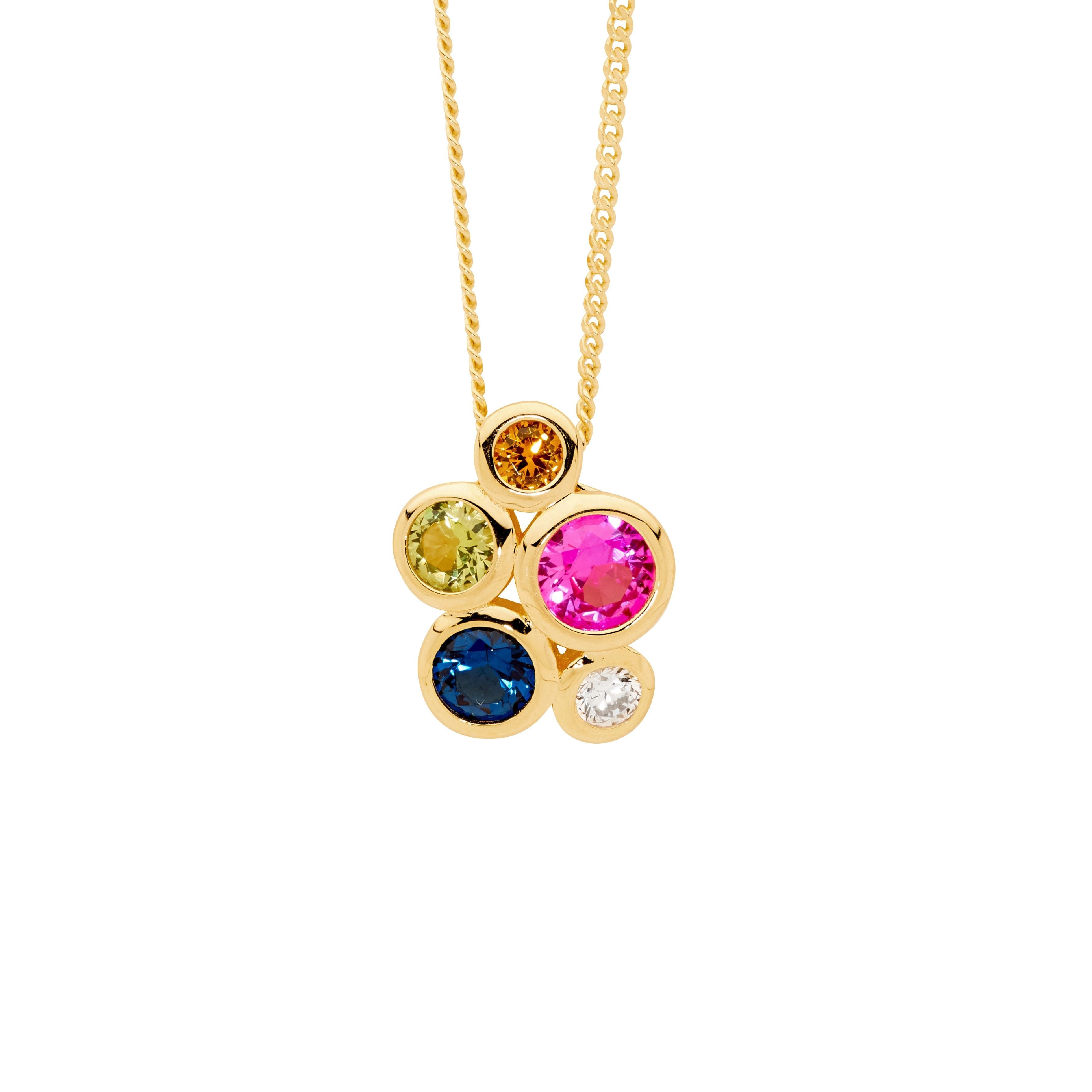 ELLANI Silver Multi-coloured CZ Cluster Necklet with Gold Plating