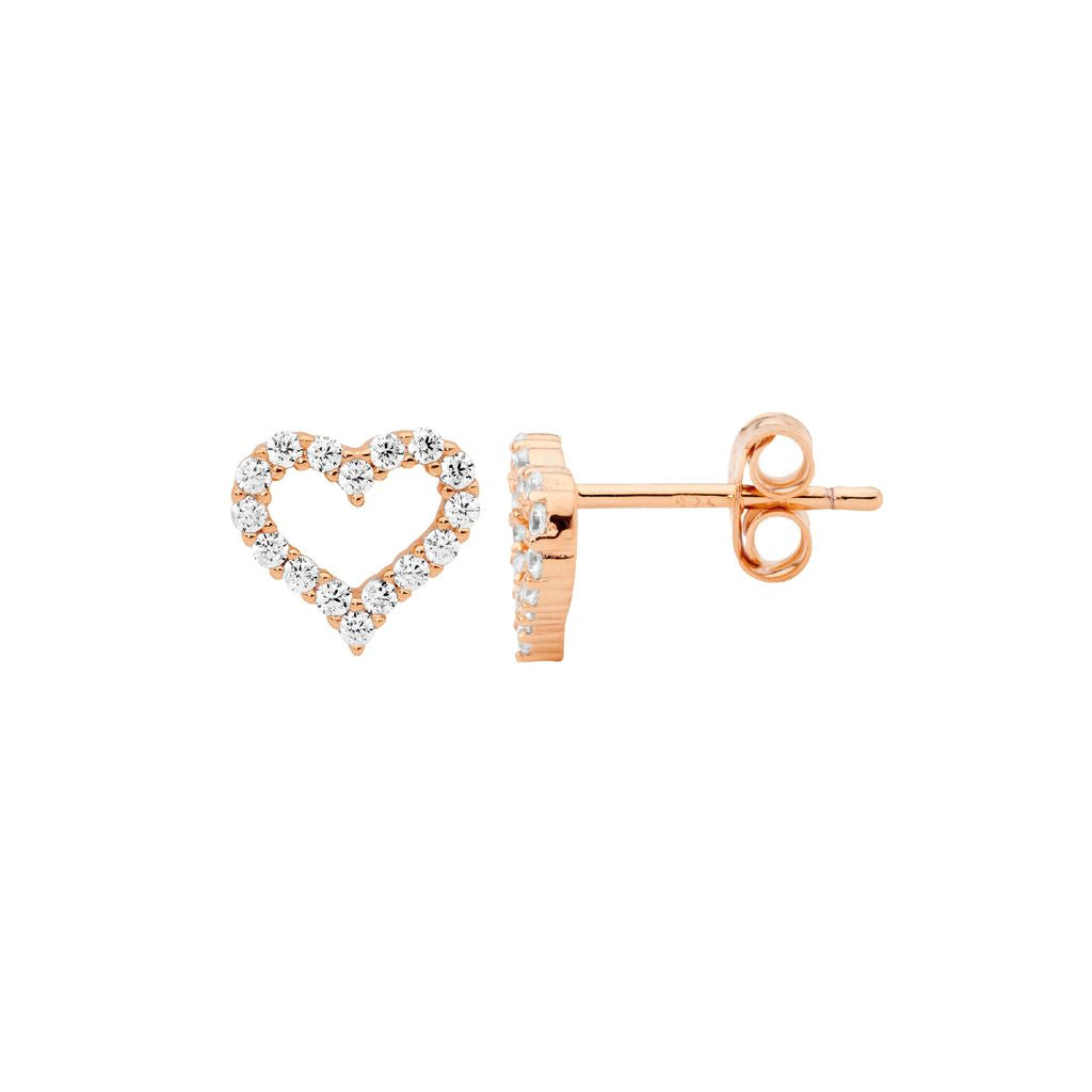 ELLANI Silver CZ Heart Earrings with Rose Gold Plating