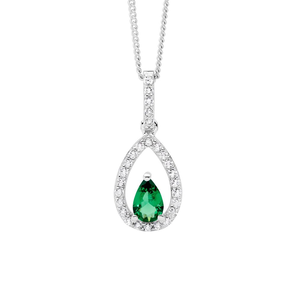 ELLANI Silver Pear Shape Green CZ Necklet