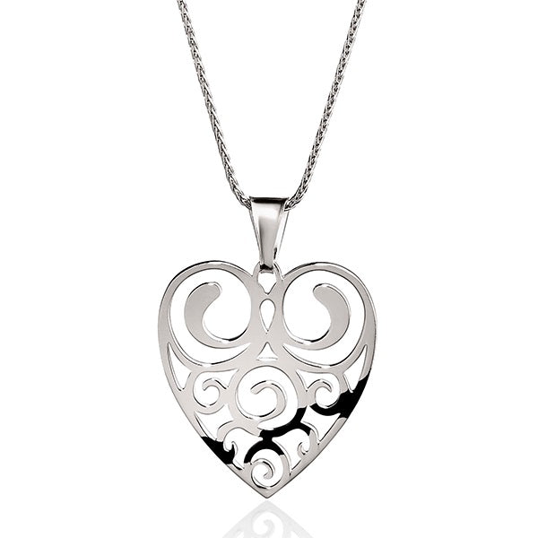 Silver Scroll Pattern Heart Pendant