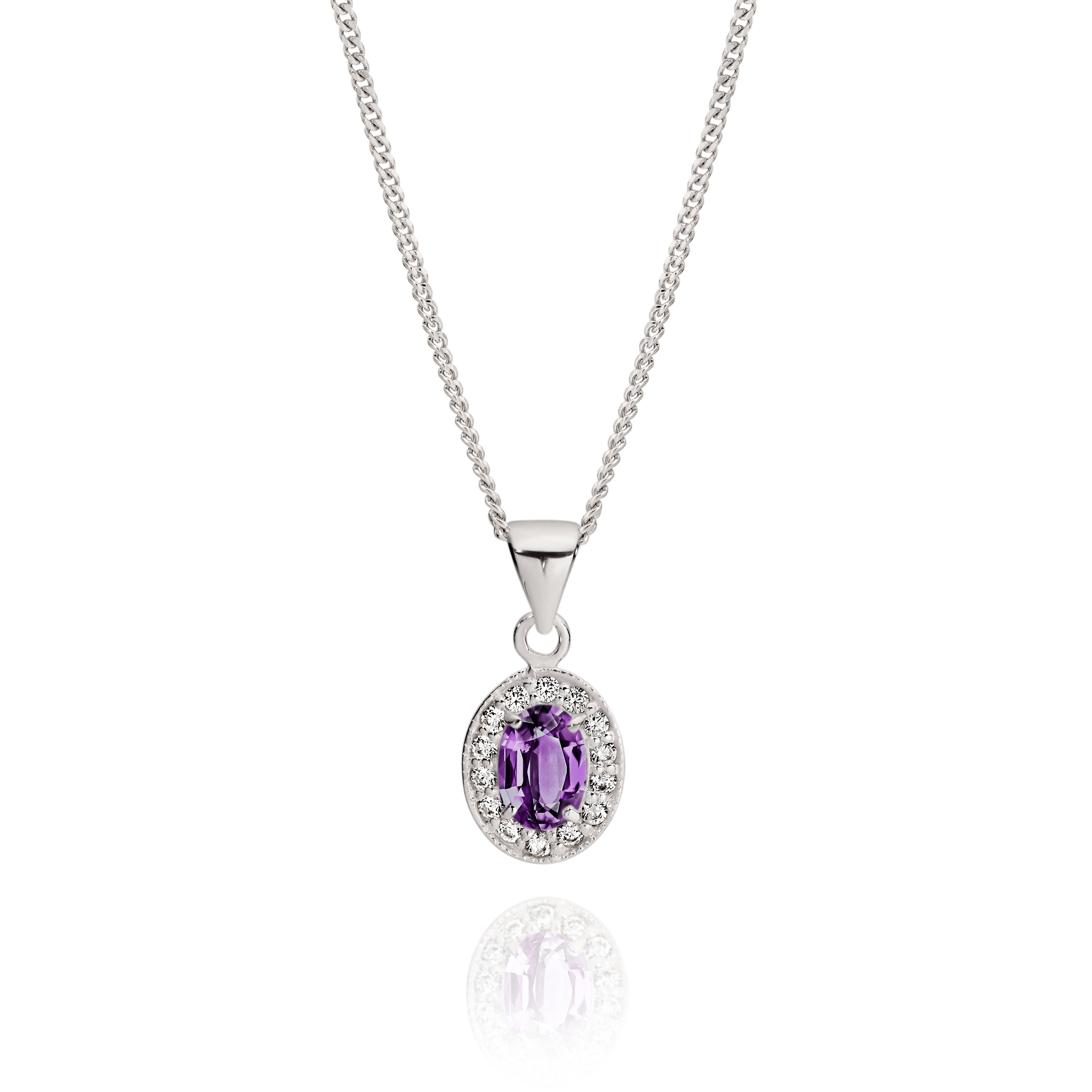 Silver Purple CZ Oval Halo Pendant