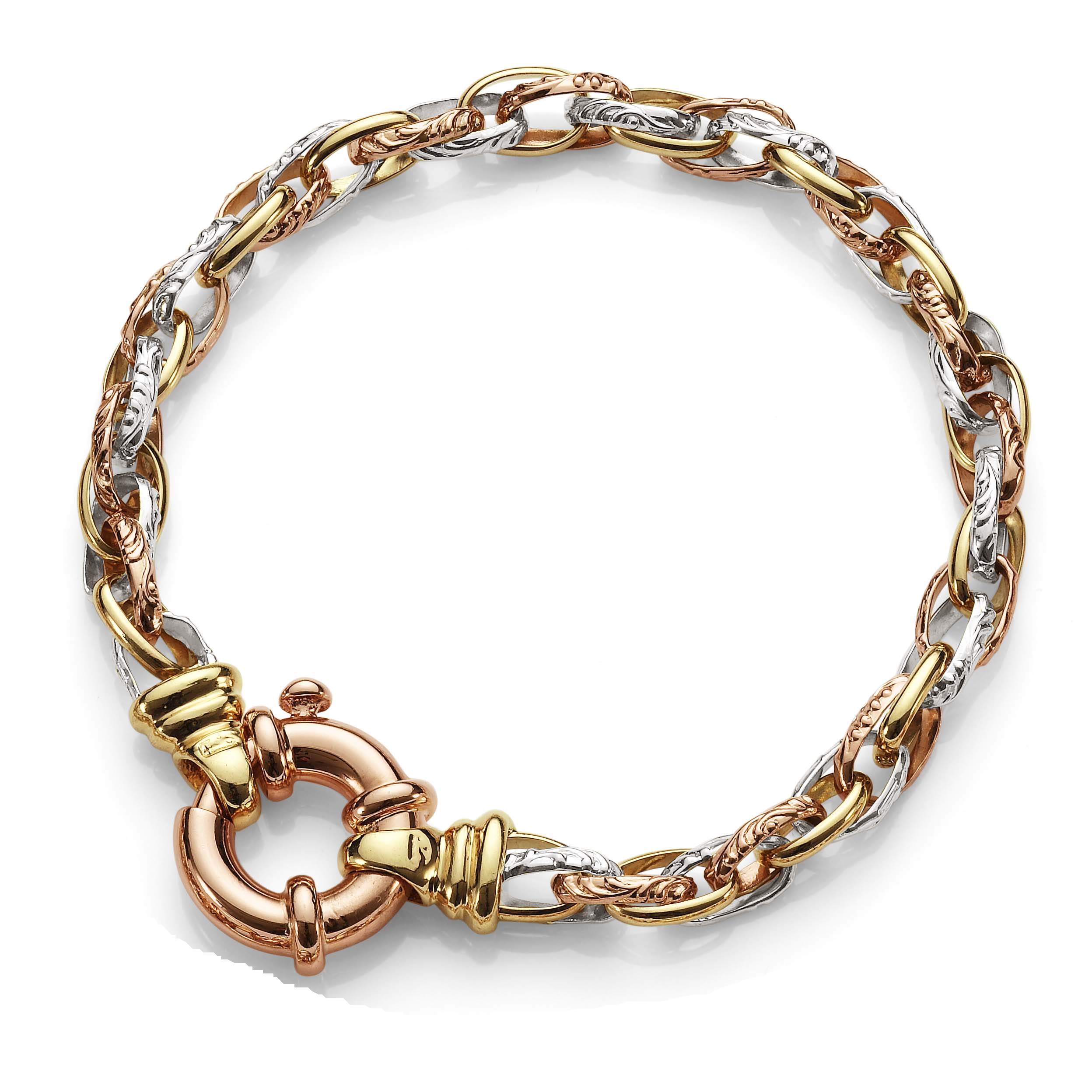 9ct gold solid 3 tone engraved bracelet