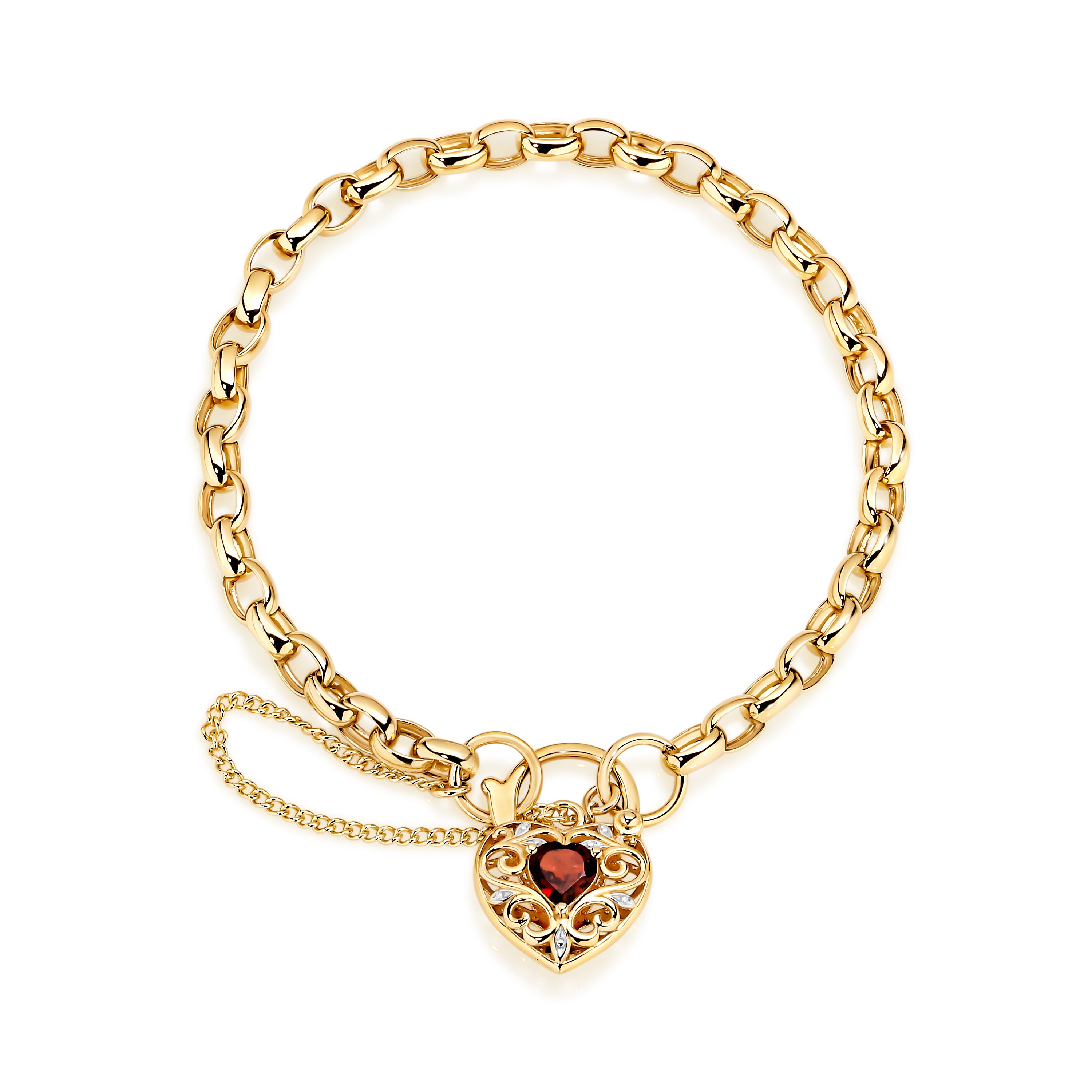 9ct solid gold garnet padlock bracelet