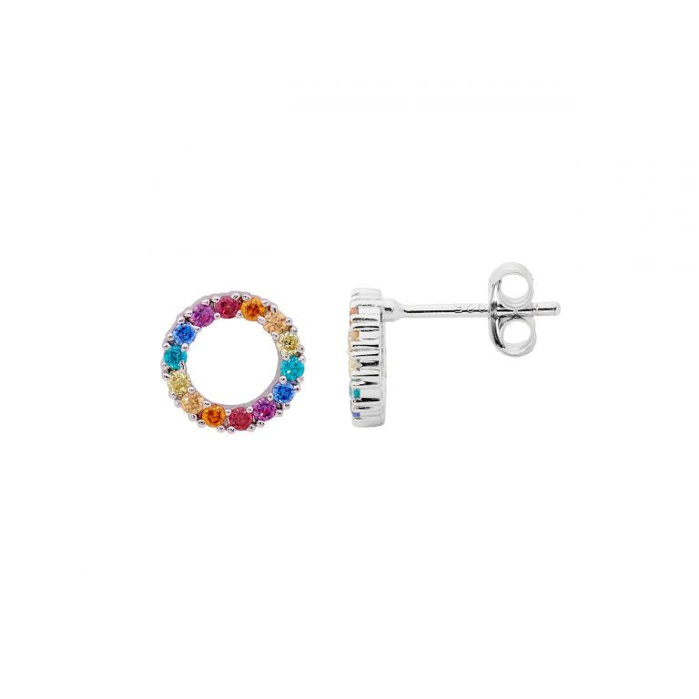 ELLANI Silver Open Circle Earring with Multi Coloured CZ