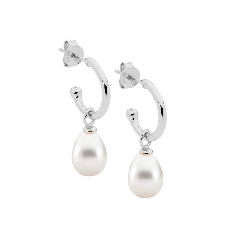 ELLANI Silver Hoop Earrings with Freshwater Pearl Drop