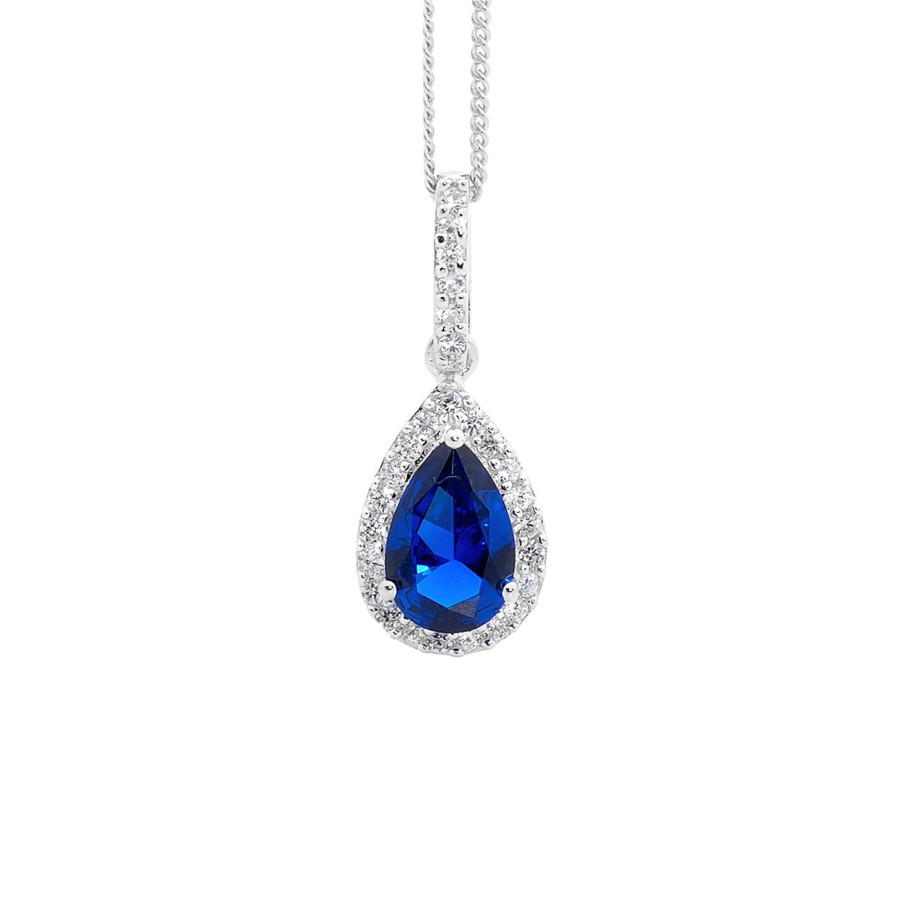 ELLANI Silver Dark Blue CZ Pear Drop Necklet