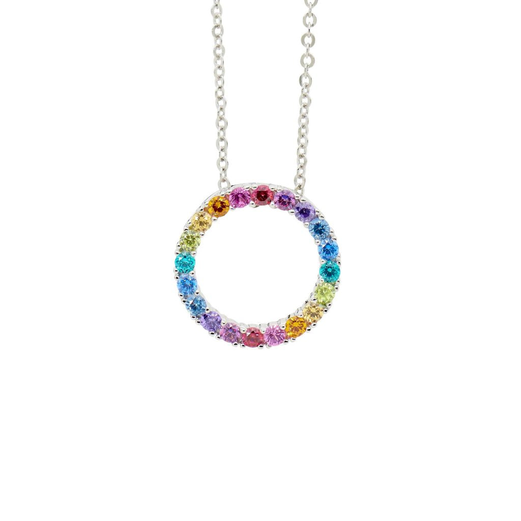 ELLANI Silver Multi Coloured CZ Open Circle Necklet