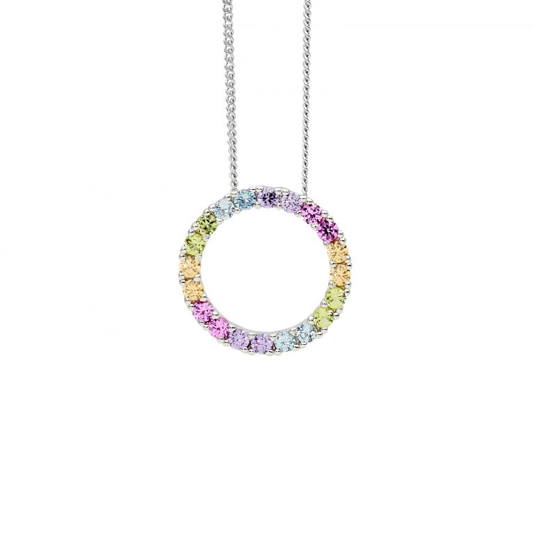 ELLANI Silver Pastel Colour CZ Open Circle Necklet