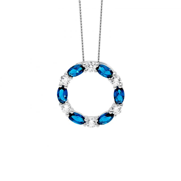 ELLANI Silver London Blue And CZ Open Circle Necklet